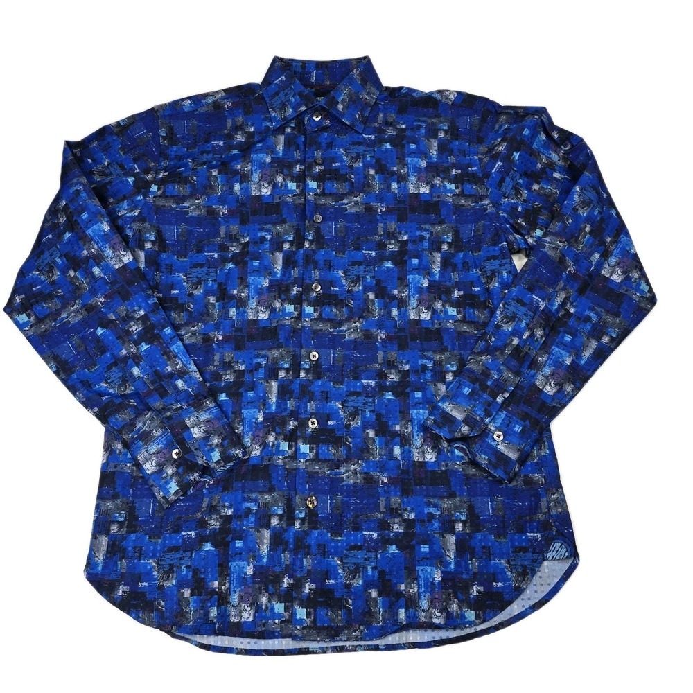 Luchiano Visconti Black Shirt Men Small Blue Abstract Button Up Long Sleeve